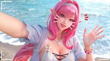 Rule 34 | 1girl, artist name, beach, bikini, blue eyes, blue jacket, bracelet, breasts, cleavage, drawn ears, drawn whiskers, elf, elysia (honkai impact), elysia (miss pink elf) (honkai impact), elysia (summer miss elf) (honkai impact), hairband, honkai (series), honkai impact 3rd, jacket, jewelry, large breasts, long hair, looking at viewer, ocean, official alternate costume, outdoors, patreon username, pink hair, pointy ears, pov, smile, solo, swimsuit, upper body, very long hair, viewfinder, white bikini, white hairband, wickellia
