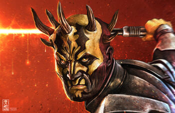 Rule 34 | 1boy, alien, colored skin, energy sword, facial tattoo, highres, holding, holding sword, holding weapon, horns, lightsaber, looking at viewer, male focus, red background, savage opress, shanemolina, signature, solo, star wars, sword, tattoo, weapon, yellow lightsaber, yellow skin, zabrak