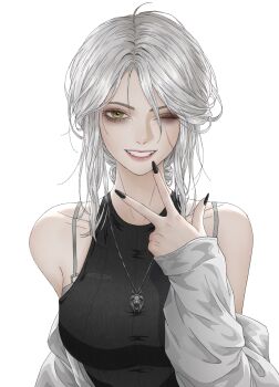 1girl absurdres alternate_costume artelsia artist_name bare_shoulders black_nails ciri contemporary green_eyes hand_up highres jacket long_hair long_sleeves one_eye_closed open_clothes open_jacket scar scar_on_face shirt sleeveless sleeveless_shirt smile solo the_witcher_(series) the_witcher_3 white_hair witcher_medallion