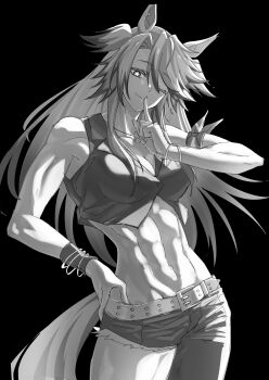 1girl abs absurdres animal_ears asymmetrical_legwear bandana_around_arm belt black_background bracelet breasts closed_mouth commentary_request contrapposto finger_to_mouth green_eyes greyscale hand_on_own_hip highres horse_ears horse_girl horse_tail jewelry light_smile long_hair looking_at_viewer monochrome multicolored_hair navel obey_your_master_(umamusume) one_eye_closed pants senchan_7 shirt short_shorts shorts shushing simple_background sleeveless sleeveless_shirt smile solo star-shaped_pupils star_(symbol) stomach symbol-shaped_pupils tail torn_clothes torn_shorts two-tone_hair umamusume umamusume:_cinderella_gray uneven_legwear