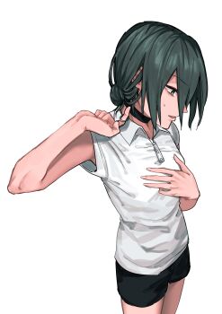 1girl absurdres black_choker black_hair black_shorts chainsaw_man choker green_eyes grenade_pin highres polo_shirt reze_(chainsaw_man) shirt shorts simple_background solo sweatdrop white_3326 white_background white_shirt