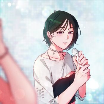 2girls alien_stage alternate_costume besitosmp4 black_hair black_shirt chain chain_necklace choker commentary cross cross_choker english_commentary halter_shirt halterneck highres holding holding_microphone jewelry looking_at_another microphone mizi_(alien_stage) multiple_girls necklace parted_lips purple_eyes shirt short_hair shrug_(clothing) sua_(alien_stage) white_shrug