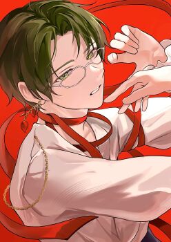 1boy chain clenched_teeth commentary earrings ensemble_stars! glasses green_eyes green_hair guuzen hands_up hasumi_keito highres jewelry looking_at_viewer male_focus official_alternate_costume parted_hair red_background red_ribbon ribbon short_hair solo teeth upper_body