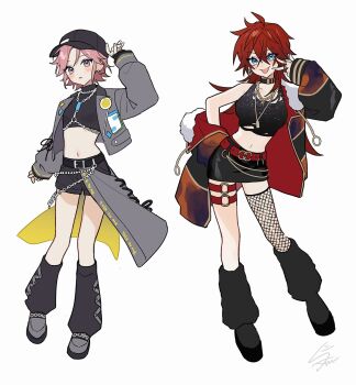 2girls adapted_costume ahoge amagi_rinne arm_up asymmetrical_legwear belt black_belt black_boots black_bow black_hat black_ribbon blue_eyes blush boots bow breasts chain chain_necklace chest_harness choker commentary_request crb2500 crop_top cropped_jacket crossed_bangs dog_tags earrings ensemble_stars! feature_scout_2_(ensemble_stars!) fishnet_thighhighs fishnets full_body fur-trimmed_jacket fur_trim genderswap genderswap_(mtf) hair_between_eyes half-skirt hand_on_own_hip hand_up harness hat highres jacket jacket_partially_removed jewelry lapel_pin lapels large_breasts leg_warmers looking_at_viewer miniskirt multiple_girls multiple_rings navel necklace oukawa_kohaku pink_hair purple_eyes red_belt red_hair red_jacket ribbon ring shirt short_hair short_shorts shorts single_fishnet_legwear skirt sleeves_past_wrists small_breasts swept_bangs thighhighs tongue tongue_out torn_clothes torn_shirt turtleneck turtleneck_shirt v v_over_eye wallet_chain white_background