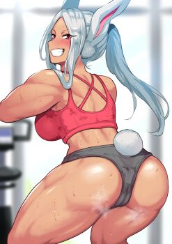1girl absurdres animal_ears ass back bare_shoulders blurry blurry_background blush boku_no_hero_academia breasts buruma cameltoe clothing_cutout dark-skinned_female dark_skin exercising from_behind grey_buruma grin hair_over_shoulder harurukan highres large_breasts long_eyelashes long_hair looking_at_viewer looking_back median_furrow mirko parted_bangs ponytail rabbit_ears rabbit_girl rabbit_tail red_eyes red_sports_bra smile solo sports_bra squatting steaming_body sweat sweaty_clothes tail tail_through_clothes teeth thick_thighs thighs toned white_hair