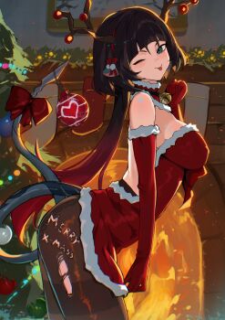1girl absurdres animal_ears aqua_eyes bell black_hair black_pantyhose breasts chimney christmas christmas_tree commentary dress elbow_gloves english_commentary fake_antlers from_side fur-trimmed_gloves fur_trim gloves highres hirosenpai indoors jane_doe_(zenless_zone_zero) large_breasts long_hair looking_at_viewer mechanical_tail merry_christmas mouse_ears mouse_girl multicolored_hair neck_bell one_eye_closed pantyhose red_dress red_gloves red_hair santa_costume santa_dress solo tail tongue tongue_out torn_clothes torn_pantyhose two-tone_hair zenless_zone_zero
