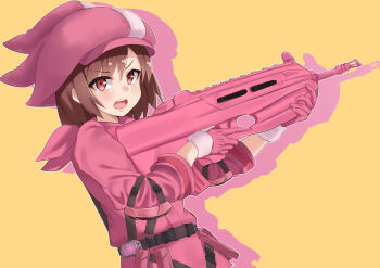 Rule 34 | 1girl, assault rifle, belt, brown hair, bullpup, colored shadow, drop shadow, fn f2000, gloves, gun, hat, highres, holding, holding gun, holding weapon, jacket, llenn (sao), looking at viewer, open mouth, outline, pink gloves, pink hat, pink jacket, red eyes, rifle, ryouya, shadow, solo, sword art online, sword art online alternative: gun gale online, teeth, upper teeth only, weapon, white outline, yellow background