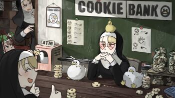 4girls :d ^_^ animal animal_on_head baby_animal banner bird book booth_seating bound brick_wall chair chalk chalkboard chart chili_pepper chocolate_chip_cookie closed_eyes clumsy_nun_(diva) cookie cookie_jar diva_(hyxpk) doll double_thumbs_up drawing duck duckling english_text food food_on_head framed_image frog froggy_nun_(diva) gendou_pose habit hair_ornament hairclip hands_clasped heart heart-shaped_eyewear hiding highres indoors jar little_nuns_(diva) mole mole_under_eye mouse_(animal) mouse_tail mouth_hold multiple_girls nun object_on_head on_head open_mouth original own_hands_clasped own_hands_together peeking picture_frame pink-tinted_eyewear poster_(object) scar scar_across_eye scar_on_face shelf slice_of_life smile spicy_nun_(diva) sticker strict_nun_(diva) surprised table tail thumbs_up tied_up_(nonsexual) tinted_eyewear traditional_nun wall wooden_table