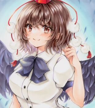 Rule 34 | 1girl, 2424yume, bird wings, black bow, black bowtie, black wings, blush, bow, bowtie, breasts, brown hair, closed mouth, collared shirt, commentary, hat, highres, looking at viewer, marker (medium), pointy ears, pom pom (clothes), puffy short sleeves, puffy sleeves, red eyes, red hat, shameimaru aya, shirt, short sleeves, smile, solo, tokin hat, touhou, traditional media, white shirt, wings