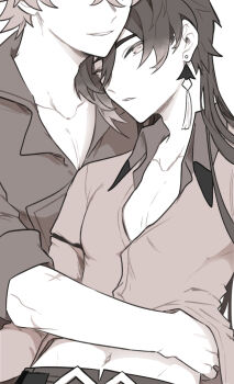 2boys alternate_hairstyle clavicles earrings genshin_impact greyscale hand_on_another&#039;s_hip hand_on_another&#039;s_waist highres jewelry leaning_on_person long_hair lumbbyz monochrome multiple_boys navel single_earring tartaglia_(genshin_impact) twitter white_background yaoi zhongli_(genshin_impact)