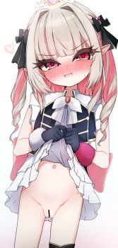 1girl absurdres bar_censor black_gloves blush censored clothes_lift dress dress_lift gloves grey_hair heart highres huucha_(cpaf5377) lifting_own_clothes loli long_hair looking_at_viewer makaino_ririmu multicolored_hair navel nijisanji no_panties nose_blush open_mouth paid_reward_available pink_hair pointy_ears pussy simple_background solo two-tone_hair variant_set virtual_youtuber white_background