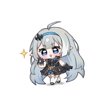 1girl ahoge black_dress black_gloves black_shoes blue_eyes blue_hairband blunt_bangs blush chibi chibi_only commentary dress full_body gloves grey_hair hairband hand_up hue_oo long_hair open_mouth pointy_ears shoes simple_background sleeveless sleeveless_dress solo sparkle standing stella_sora symbol-only_commentary thighhighs tyrant_(stella_sora) very_long_hair white_background white_thighhighs