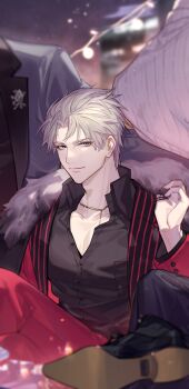 1boy black_coat black_shirt blurry charlie_su chinese_commentary closed_mouth coat coat_on_shoulders collared_shirt colored_lapels crossed_legs depth_of_field feet_out_of_frame formal_clothes fur-trimmed_coat fur_trim grey_hair hand_up highres jacket jewelry lapels light_and_night_love long_sleeves looking_at_viewer male_focus necklace night open_clothes open_collar open_jacket pants parted_bangs purple_eyes qinnye red_jacket red_pants red_suit shirt shoe_soles short_hair sky smile solo star_(sky) starry_sky striped_clothes suit suit_jacket thumb_ring