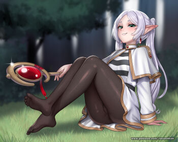 1girl black_pantyhose blurry blurry_background capelet depth_of_field dress earrings feet forest frieren full_body grass green_eyes grey_hair holding holding_staff jewelry legs long_hair nature outdoors pantyhose parted_bangs racoon-kun sitting smile solo sousou_no_frieren staff toes twintails white_capelet white_dress