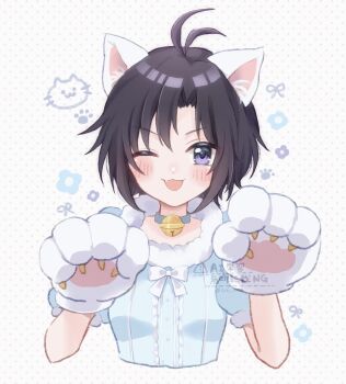 1girl :3 animal_ears animal_hands antenna_hair bell black_hair blue_collar blue_shirt blush cat_ears cat_paws collar cropped_torso dotted_background fang flower_symbol gloves highres idolmaster idolmaster_(classic) kikuchi_makoto looking_at_viewer neck_bell one_eye_closed open_mouth paw_gloves paw_pose purple_eyes shirako_(srk_srtk) shirt short_hair short_sleeves smile solo straight-on watermark