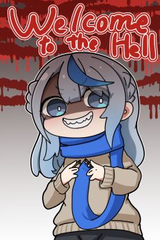 1girl amagai_ruka blue_eyes blue_scarf braid chibi chibi_only commentary_request english_text grey_hair hair_between_eyes highres kiriyama_haruna long_hair long_sleeves looking_at_viewer multicolored_hair scarf shaded_face sharp_teeth sweater teeth virtual_youtuber weather_planet