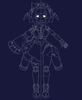 1girl breasts detached_sleeves full_body highres indie_virtual_youtuber lineart looking_at_viewer maid_headdress mechanical_arms mechanical_legs mechanization medium_breasts mint_fantome monochrome muzazabi skirt smile solo straight-on triangular_headpiece virtual_youtuber