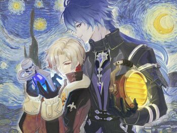 Rule 34 | 2boys, abstract background, artist request, bags under eyes, black coat, black gloves, blonde hair, blue hair, brown coat, chinese commentary, closed eyes, closed mouth, coat, collared coat, commentary request, commission, crescent, crescent moon, flins (genshin impact), from behind, from side, genshin impact, gloves, glowing, hair between eyes, hair over one eye, height difference, high collar, highres, holding, holding lamp, holding lantern, illuga (genshin impact), lantern, leaning back, leaning on person, light smile, long sleeves, looking down, mole, mole under eye, moon, multiple boys, night, outdoors, scenery, second-party source, sky, standing, star (sky), starry night (van gogh), starry sky, upper body, wavy hair, yaoi, yellow eyes