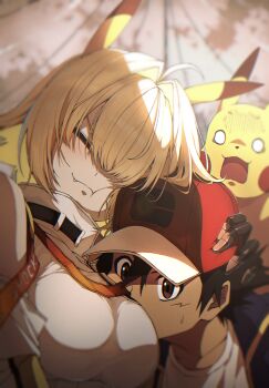 0_0 1boy 1girl absurdres ahoge animal_ears ash_ketchum baseball_cap black_hair blonde_hair blush breasts brown_eyes cheek_press closed_eyes closed_mouth commentary_request crossover dark-skinned_male dark_skin elegg_(nikke) face_to_breasts fake_animal_ears fang fang_out gen_1_pokemon goddess_of_victory:_nikke hair_between_eyes hair_intakes hair_over_one_eye hat highres hosun hug large_breasts nintendo one_eye_covered open_mouth pikachu pokemon pokemon_(anime) pokemon_(creature) pokemon_journeys red_hat shirt short_hair shota small_sweatdrop smile turn_pale upper_body white_shirt