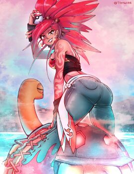 1girl absurdres arm_tattoo ass belt black_shirt breasts crop_top denim flannery_(pokemon) full_body gen_3_pokemon highres holding holding_poke_ball jeans long_hair looking_at_viewer nintendo orange_eyes pants pink_sky poke_ball pokemon pokemon_(creature) pokemon_omega_ruby_and_alpha_sapphire ponytail red_hair red_lips shirt sky standing tattoo tidywire torkoal turtle water white_belt wrist_cuffs