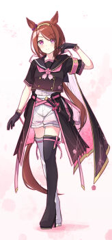 1girl absurdres adapted_costume armband asymmetrical_footwear black_boots black_cape black_gloves black_sailor_collar black_shirt blush boots brown_hair brown_jacket cape cherry_blossoms closed_mouth commentary_request flower_in_eye full_body gloves hand_up high_heel_boots high_heels highres horse_girl horse_tail jacket long_hair looking_at_viewer mismatched_footwear neckerchief pink_armband pink_eyes pink_neckerchief ponytail sailor_collar sakura_bakushin_o_(umamusume) sarasuty shirt short_sleeves shorts simple_background smile solo standing symbol_in_eye tail thigh_boots umamusume very_long_hair white_background white_boots white_shorts