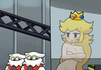 1girl ahoge armpits bare_arms blonde_hair blue_eyes blush collarbone completely_nude covering_breasts covering_privates crown embarrassed exhibitionism eyelashes female_focus groin highres invisible kuwagata_zaurus long_hair looking_at_another looking_to_the_side mario_(series) navel neck nintendo nipples nude open_mouth out-of-frame_censoring paper_mario paper_mario:_the_thousand-year_door parted_bangs princess_peach public_indecency public_nudity see-through_body standing stomach sweat x-naut