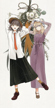 2girls :d adapted_costume arms_behind_head baby&#039;s-breath black_skirt blonde_hair brown_eyes brown_hair brown_shoes closed_mouth collar dress flower flower_request hair_between_eyes hand_on_own_hat happy hat highres long_dress long_shirt long_sleeves looking_at_viewer maribel_hearn mary_janes mob_cap multicolored_eyes multiple_girls necktie open_mouth poteimo_(poteimo622) purple_dress purple_eyes sample_watermark shirt shoes simple_background skirt sleeve_cuffs smile socks teeth touhou two-tone_eyes untucked_shirt upper_teeth_only usami_renko watermark white_background white_collar white_flower white_hat white_shirt yellow_eyes yellow_socks