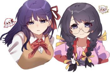 Rule 34 | 2girls, absurdres, animal ears, bakemonogatari, black hair, braid, brown sweater vest, cat ears, commentary, fate/stay night, fate (series), hair ornament, hanekawa tsubasa, highres, looking at viewer, matou sakura, monogatari (series), multiple girls, purple eyes, purple hair, rabbit hair ornament, round eyewear, smile, sweater vest, tsugumi (tgm 615486), twin braids, untranslatable commentary, white background, white hair