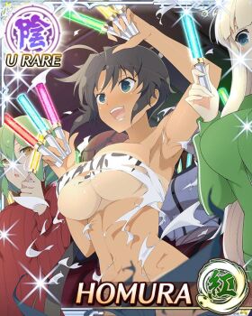 3girls :d :o ahoge aqua_eyes armpits arms_up audience between_fingers bikini_tan black_hair blonde_hair border breasts card_(medium) character_name concert dark-skinned_female dark_skin denim game_cg glowstick green_track_suit groin hair_ribbon high_ponytail hikage_(senran_kagura) holding holding_glowstick homura_(senran_kagura) jeans large_breasts light_blush long_hair looking_at_another medium_hair multiple_girls multiple_wielding navel no_bra official_art open_mouth pants penlight_(glowstick) ponytail red_sweater ribbon senran_kagura senran_kagura_new_wave shirt slit_pupils smile solo_focus sweater tan tanline third-party_source torn_clothes torn_pants torn_shirt track_suit underboob very_long_hair white_ribbon white_shirt yellow_eyes yomi_(senran_kagura)