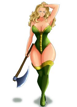 1girl amazon amazon_warrior armpits axe blonde_hair blue_eyes breasts cleavage curvy forehead golden_axe high_collar highleg hip_bones hourglass kmkz-art large_breasts long_hair sega shiny_skin smile thick_thighs thighhighs thighs wide_hips zuburokka_(golden_axe)