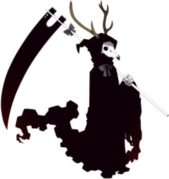 Rule 34 | 1boy, animal skull, antlers, black bow, black robe, bow, cloak, deer antlers, floating, full body, funamusea, funamusea (artist), holding, holding weapon, hood, horns, huge weapon, official art, robe, scythe, shikabone, simple background, skeleton, skull, solo, sutare yume, weapon, white background