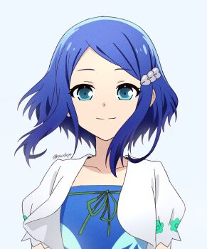 1girl blue_eyes blue_hair chii_(owokpr) closed_mouth commentary_request cropped_jacket green_ribbon hair_ornament hairclip highres jacket looking_at_viewer pretty_rhythm pretty_rhythm_rainbow_live pretty_series ribbon rinne_(pretty_rhythm) short_hair short_sleeves simple_background smile solo straight-on swept_bangs twitter_username upper_body white_jacket