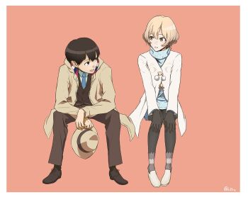 1boy 1girl blonde_hair blue_necktie brown_coat brown_hair brown_jacket brown_pants brown_shoes coat crossed_wrists formal_clothes hat holding holding_unworn_clothes holding_unworn_hat jacket kisaki_asuna loafers looking_at_another moritsuka_shun necktie occultic;nine open_mouth pants pantyhose scarf science_adventure shoes sitting suit talking tetsu10ru unworn_hat unworn_headwear yellow_eyes