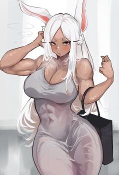 Rule 34 | 1girl, :/, absurdres, alternate costume, animal ears, bag, bare arms, bare shoulders, blush, boku no hero academia, breasts, breath, cleavage, collarbone, commentary, covered abs, covered navel, dark-skinned female, dark skin, dress, english commentary, grey dress, hand to head, hand up, highres, holding, holding bag, large breasts, layton (sanlayton), long eyelashes, long hair, looking at viewer, mirko, parted bangs, rabbit ears, rabbit girl, red eyes, solo, toned, toned female, very long hair, white hair