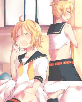 1boy 1girl ahoge aoi_choko_(aoichoco) bed bed_sheet belt blonde_hair blue_eyes blush brother_and_sister closed_eyes confused cosplay costume_switch hand_on_own_stomach highres kagamine_len kagamine_rin messy_hair midriff neck_ribbon open_mouth ponytail ribbon sailor_collar sailor_shirt scratching shirt short_hair short_ponytail shorts siblings sleepy sleeveless sleeveless_shirt tears twins undone_neck_ribbon vocaloid waking_up window yawning yellow_neckwear