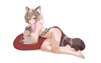 1girl animal_ear_fluff animal_ears barefoot bottomless brown_hair commission highres komachi_panko loli looking_at_viewer phase_connect red_panda red_panda_ears red_panda_girl red_panda_tail sansha_art second-party_source simple_background smile solo tail thick_eyebrows virtual_youtuber white_background