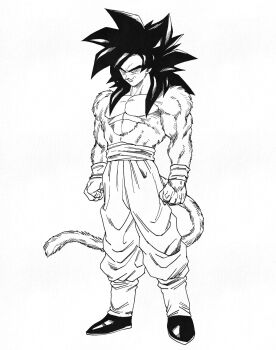 1boy closed_mouth dougi dragon_ball dragon_ball_gt full_body highres kouji08250 long_hair male_focus monkey_boy monkey_tail muscular muscular_male pants pectorals sash solo son_goku spiked_hair standing super_saiyan super_saiyan_4 tail wristband