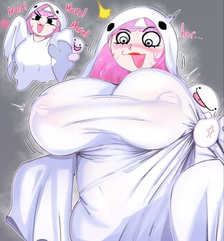 ! 1girl 1other :p abuhashbrown adjusting_clothes black_eyes blush breasts breasts_squeezed_together chibi devil_fruit_power disguise forced_smile ghost_costume grey_background highres jacket large_breasts laughing long_hair looking_at_viewer multiple_views nipples one_piece perona pink_hair simple_background suprise sweat tongue tongue_out wide_hips