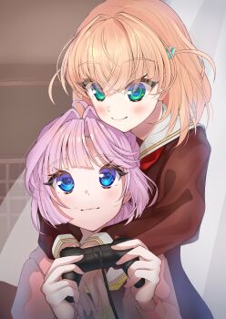 2girls absurdres ahoge anyoji_hime blue_eyes blunt_bangs blush brown_dress closed_mouth controller crossed_bangs dress game_controller green_eyes hair_intakes hair_ornament hasu_no_sora_school_uniform highres hinoshita_kaho holding holding_controller holding_game_controller hood hooded_jacket jacket link!_like!_love_live! long_hair long_sleeves love_live! making-of_available medium_hair mizuki_xinonnn multi-tied_hair multiple_girls neckerchief open_clothes open_jacket orange_hair pink_hair pink_jacket ponytail rabbit_hair_ornament red_neckerchief sailor_collar sailor_dress school_uniform sidelocks smile swept_bangs two_side_up virtual_youtuber white_sailor_collar winter_uniform yellow_neckerchief