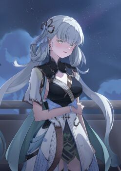 1girl arm_across_waist black_collar black_dress blue_sky blush bow breasts bright_pupils chinese_commentary coat collar colored_eyelashes commentary_request cowboy_shot dress hair_bow hair_rings highres jinhsi_(wuthering_waves) looking_at_viewer medium_breasts mole mole_on_cheek mole_under_eye night night_sky outdoors parted_lips partial_commentary sky solo south_rose thighs twintails white_bow white_coat white_eyelashes white_eyes white_pupils wuthering_waves