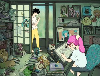 1boy 1girl absurdly_detailed_composition black_hair book chair clock computer couple doll drawing_tablet glasses hatsune_miku hello_kitty hello_kitty_(character) highres holding holding_stylus howl_no_ugoku_shiro indoors kaname_madoka kaname_madoka_(magical_girl) kiiroitori loaded_interior long_hair mahou_shoujo_madoka_magica mahou_shoujo_madoka_magica_(anime) naganohara_mio nichijou original otaku otaku_room otaple pants pink_hair ponytail procreate_(medium) red-framed_eyewear rilakkuma ring_411 sakura_miku san-x sanrio screen shelf shirt short_hair short_sleeves sitting stuffed_animal stuffed_toy stylus teddy_bear tonari_no_totoro totoro vocaloid walking white_shirt yellow_pants youtube
