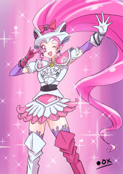 1girl ;d \m/ absurdres animal_ear_helmet animal_ears animal_ears_helmet animal_helmet arms_up artist_name asymmetrical_footwear asymmetrical_gloves bakuage_sentai_boonboomger black_ox_(0-max) blush boots bow cat_ears cat_helmet chain commentary cosplay cure_blossom curly_sidelocks dress earrings fake_animal_ears feet_out_of_frame frilled_sleeves frills gloves hair_bow hair_ornament hanasaki_tsubomi heartcatch_precure! helmet high_ponytail highres itasha_(boonboomger) itasha_(boonboomger)_(cosplay) jewelry knee_boots layered_dress long_hair looking_at_viewer magical_girl mizuki_nana one_eye_closed open_hand open_mouth outstretched_hand pink_background pink_boots pink_bow pink_eyes pink_gloves pink_hair pink_theme ponytail precure puffy_short_sleeves puffy_sleeves short_dress short_sleeves shoulder_pads smile solo sparkle sparkle_background spread_fingers super_sentai thighs triangle_mouth very_long_hair voice_actor_connection white_boots white_dress white_gloves white_helmet