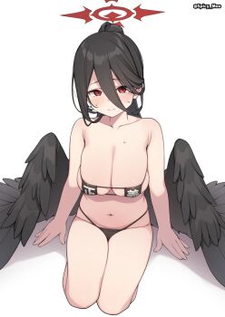 1girl alternate_costume bare_arms bare_legs bare_shoulders bikini black_bikini black_hair black_wings blue_archive blush breasts cleavage closed_mouth feathered_wings feathers hair_between_eyes hair_bun hasumi_(blue_archive) highres large_breasts oversized_wings long_hair looking_at_viewer micro_bikini mole mole_under_eye navel red_eyes seiza simple_background sitting skindentation solo spicy_moo spread_wings sweat swimsuit thighs white_background wings