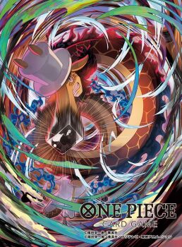 1boy alternate_form clenched_teeth commentary_request copyright_name giraffe_boy haki_(one_piece) hat jacket kaku_(one_piece) long_nose looking_at_viewer moreshan official_art one_piece one_piece_card_game pants teeth white_hat white_jacket white_pants wind