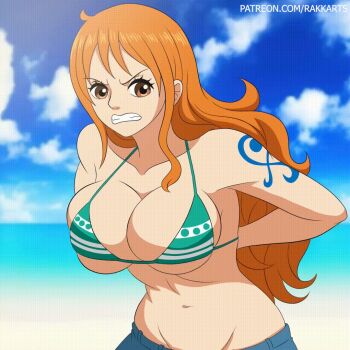 1girl angry animated animated_gif arm_tattoo artist_name bare_shoulders beach blue_sky blush breasts breasts_out brown_eyes cloud collarbone denim female_focus jeans large_breasts long_hair nami_(one_piece) nami_(one_piece)_(return_to_sabaody) nipples ocean official_alternate_costume one_piece orange_hair outdoors pants patreon_username rakara11_(rakkarts) shoulder_tattoo sky solo source_request tattoo wardrobe_malfunction water watermark web_address
