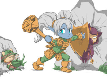 1girl 2boys armor blue_skin colored_skin crushing hammer kennen league_of_legends multiple_boys poppy_(league_of_legends) shield teemo war_hammer warhammer weapon white_hair yordle zei-minarai