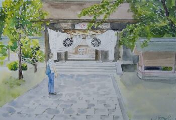 1boy day grass highres monsisiro411823 original outdoors painting_(medium) path road rope scenery shimenawa shrine solo stairs traditional_media tree watercolor_(medium)