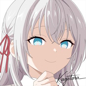 1girl alisa_mikhailovna_kujou artist_name blue_eyes blush bow close-up closed_mouth collared_shirt grey_hair hair_between_eyes hair_ribbon long_hair looking_at_viewer railgun_310 red_ribbon ribbon school_uniform seiren_academy_school_uniform shirt smile solo tokidoki_bosotto_roshia-go_de_dereru_tonari_no_alya-san white_background
