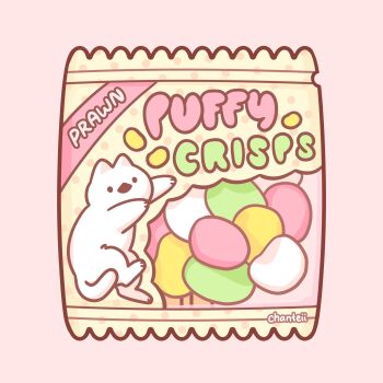 anime_coloring artist_name cat commentary english_commentary english_text fishsideup food food_focus food_wrapper highres marshmallow no_humans original pink_background simple_background snack