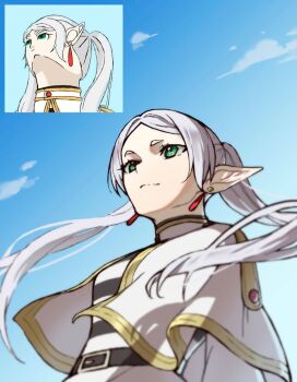Rule 34 | 1girl, blue sky, closed mouth, earrings, elf, frieren, gold trim, green eyes, highres, jewelry, long hair, meme, monotsuki, pointy ears, reference inset, sky, solo, sousou no frieren, upward angle frieren drawing (meme), white hair